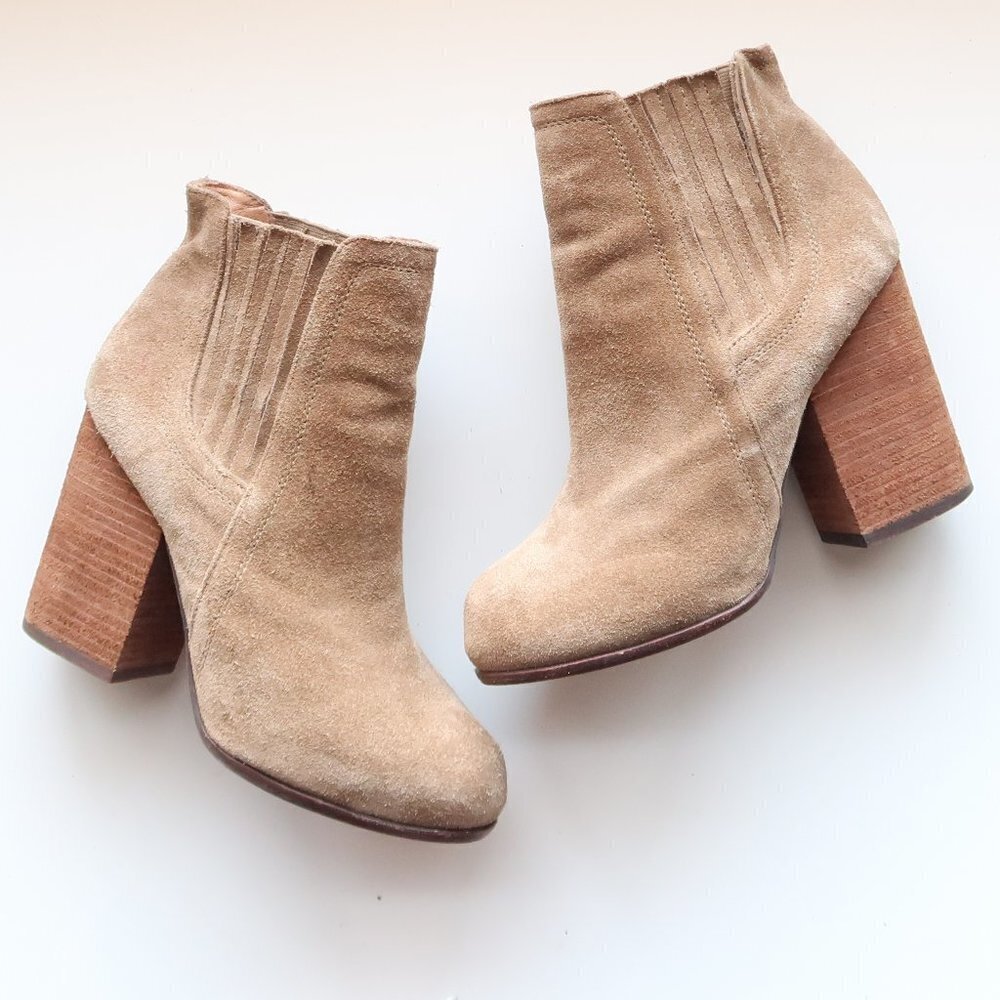Jeffrey Campbell Knock-out Beige Suede Leather Block Heel Ankle Boots Booties